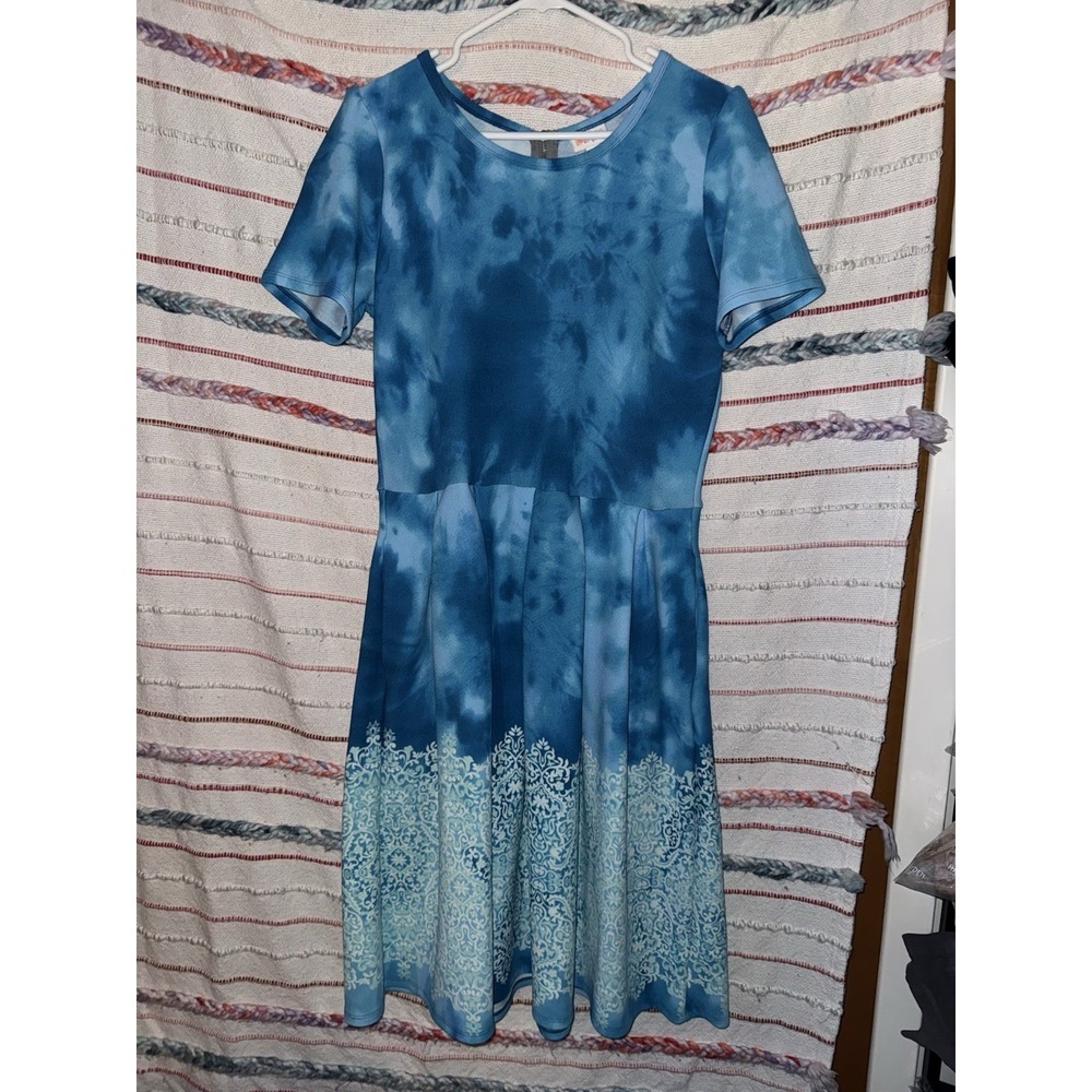 LulaRoe XL Amelia Dress w/ Pockets Blue Tie Dye Paisley Floral Flower‎